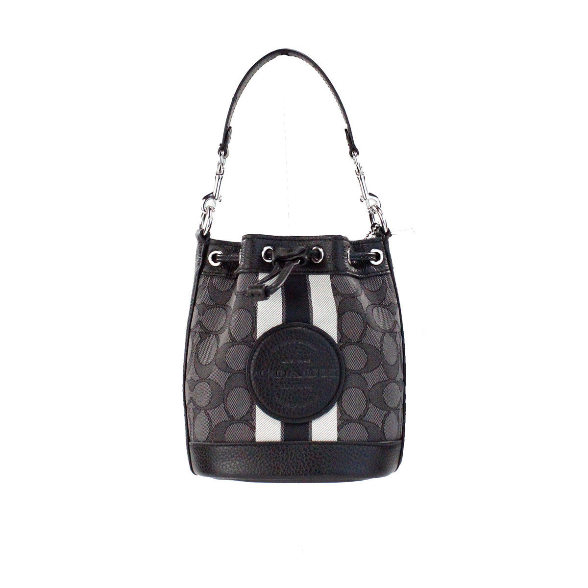 Coach Dempsey Mini Black Jacquard Canvas Patch Crossbody Bucket bag with adjustable strap and signature design, by BACKUPMYFILESNOW®.