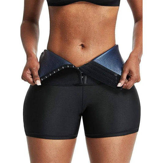 High-waist sauna shorts with belly-tightening and hip-lifting fit, three-breasted design in black