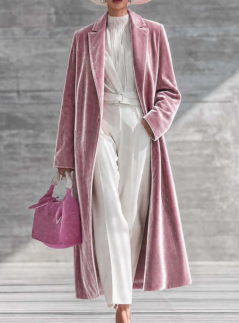 Women's V-neck over-the-knee velvet coat in a rich, plush finish