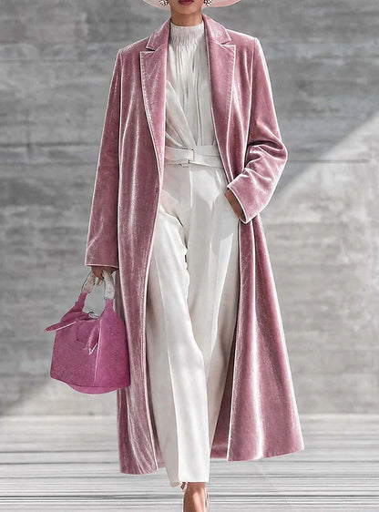 Women's V-neck over-the-knee velvet coat in a rich, plush finish