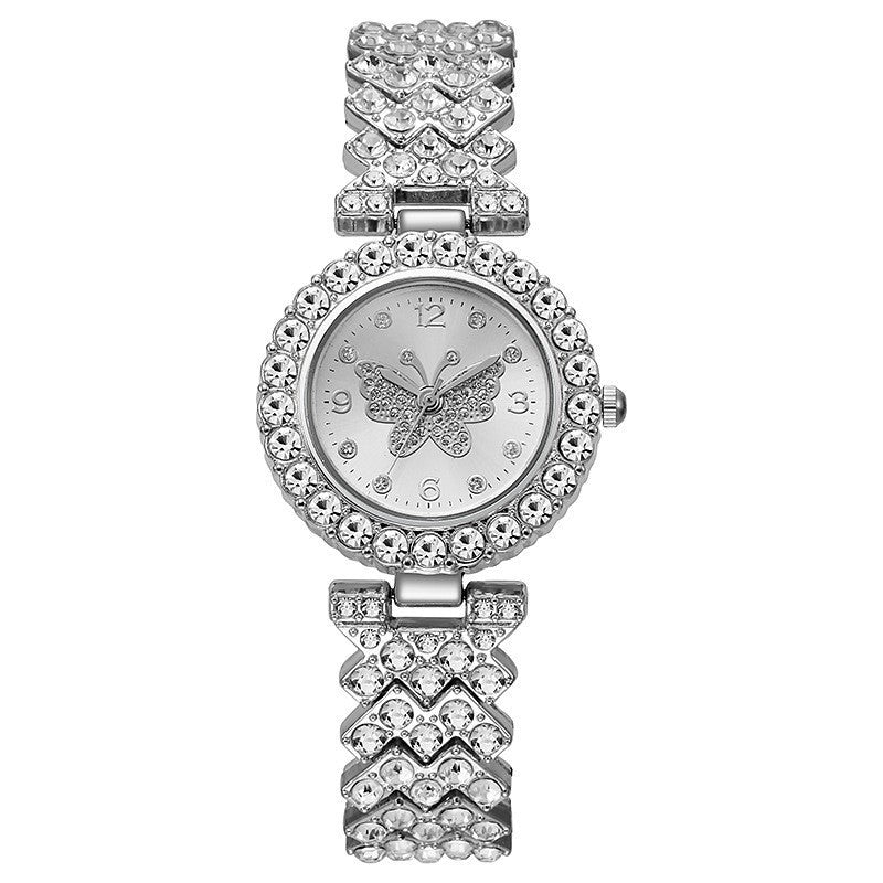 Women's butterfly-design diamond-embellished fashion quartz watch in a sparkling decorative case and bracelet