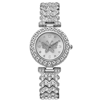 Women's butterfly-design diamond-embellished fashion quartz watch in a sparkling decorative case and bracelet
