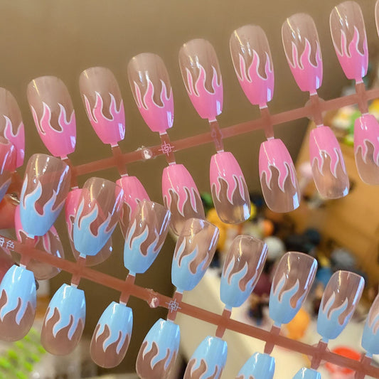 Women's fashion removable wearable fake nails, close-up view of press-on nail set in assorted styles
