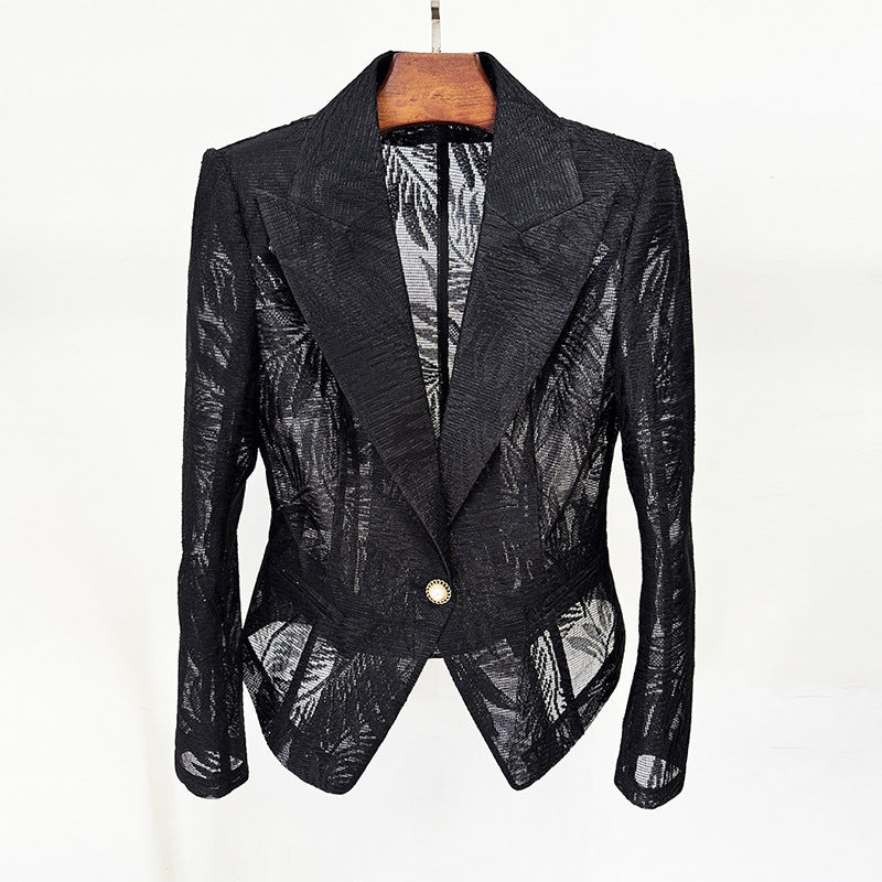 Sheer leaf jacquard cropped blazer jacket with a single-button closure and long sleeves