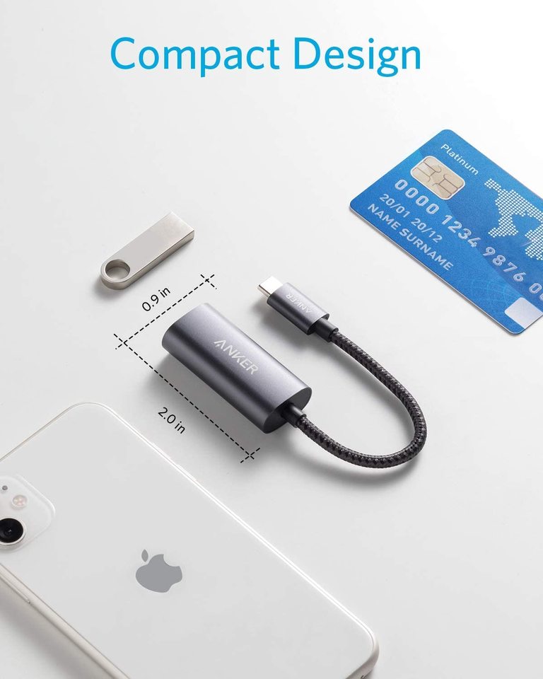 Anker PowerExpand USB-C to Gigabit Ethernet Adapter connected to a laptop, providing fast wired internet connection.