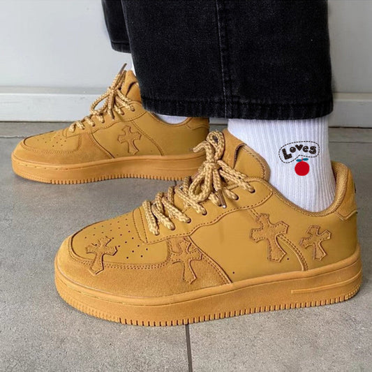 Wheat retro platform casual sneakers for women, side view with textured upper and chunky sole