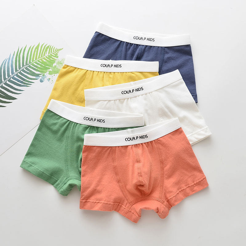 Children's ETX five-pack boxer underwear in assorted colors, front view