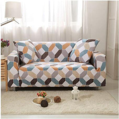Elastic universal sofa cover in stretch fabric, shown fitted over a sofa for a smooth, protective fit