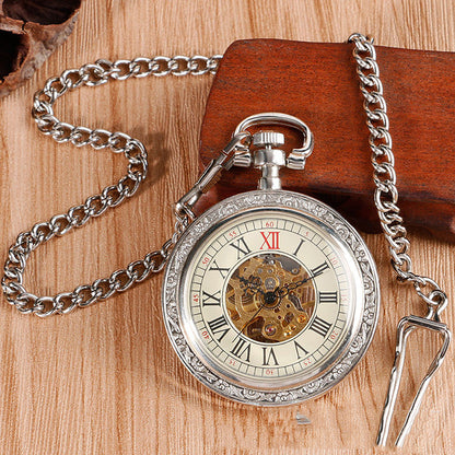 Carved mechanical pocket watch with detailed engraved case and classic round design
