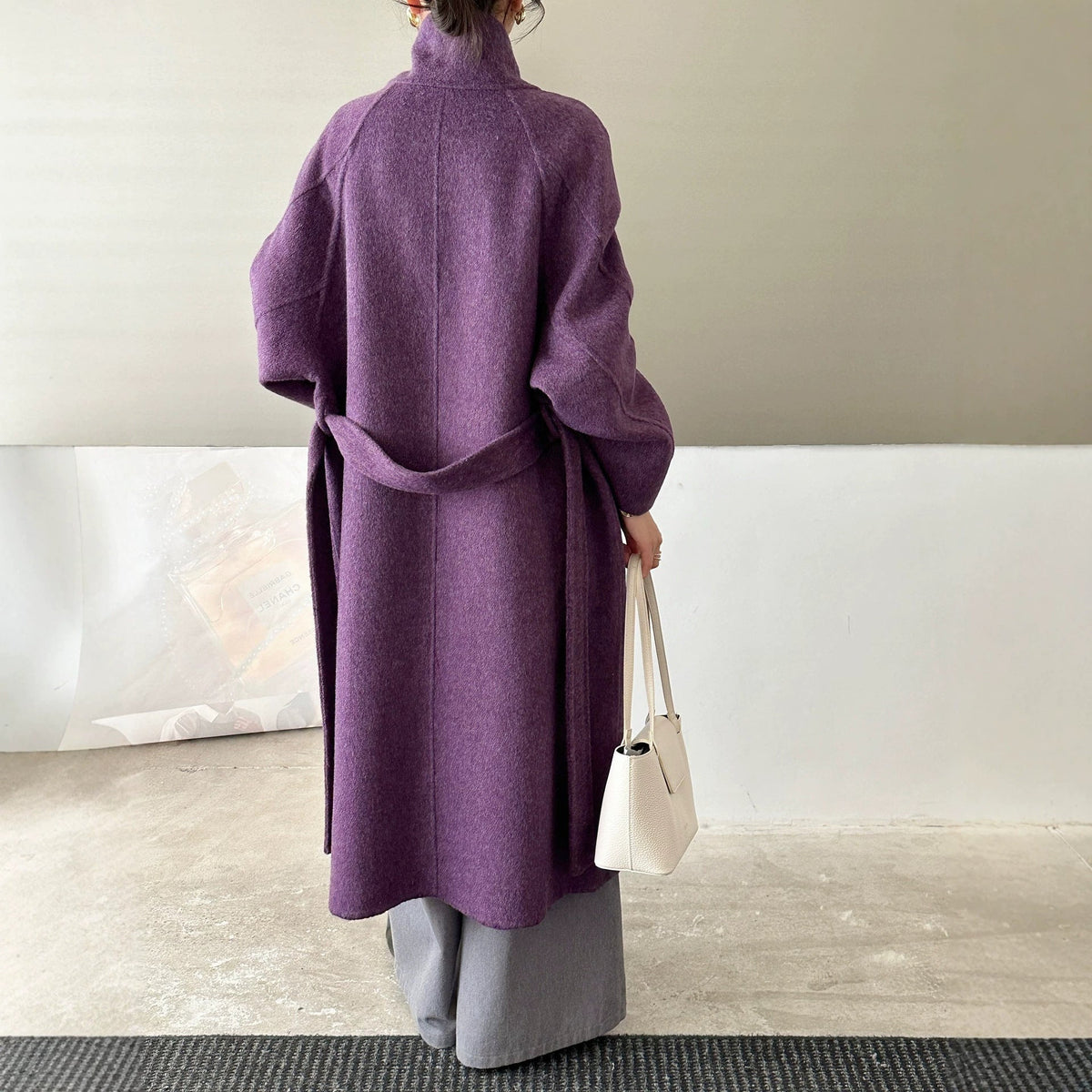 Women’s knee-length oversized double-faced wool coat in a classic neutral tone