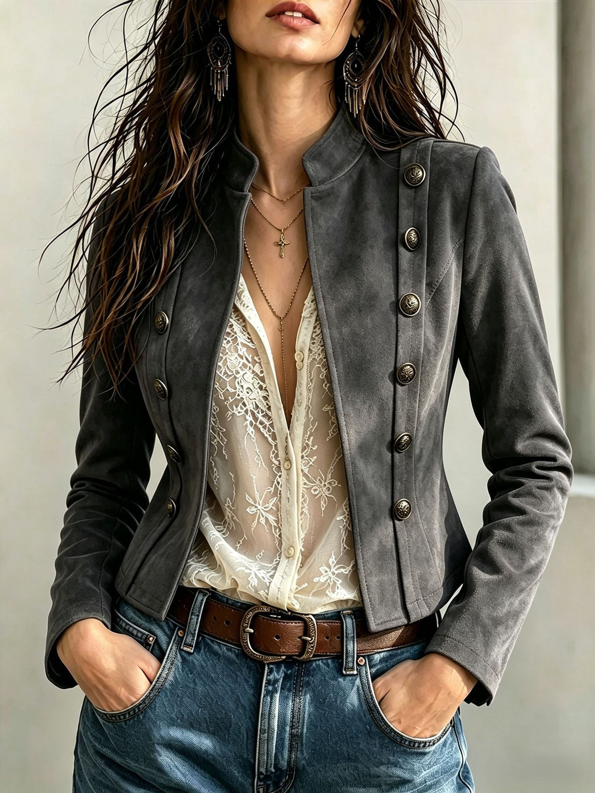 Vintage double-breasted short coat with stand-neck design for women