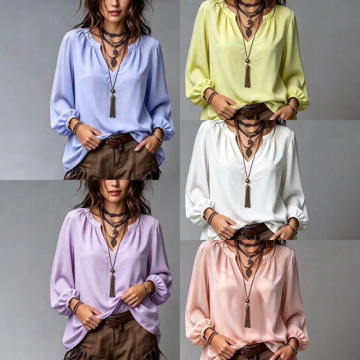 Elegant women's V-neck shirt with puff sleeves, front view