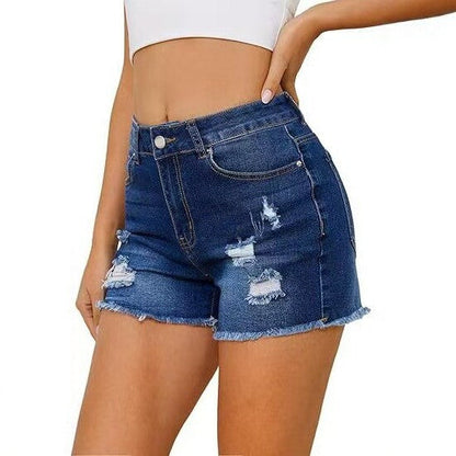 Four-way stretch denim shorts with raw-edge hem in a classic blue washrayele