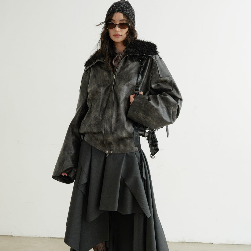 Turtleneck smoky-blend PU faux leather jacket in a sleek, textured finish