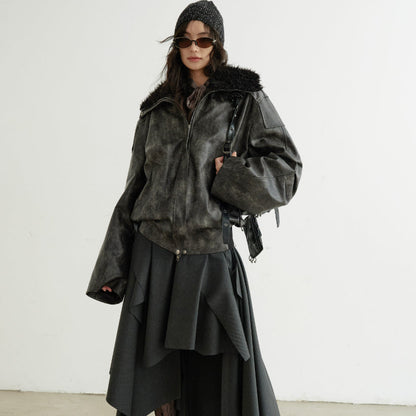Turtleneck smoky-blend PU faux leather jacket in a sleek, textured finish