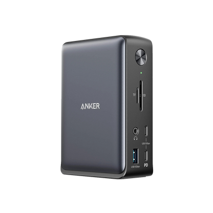 Anker 575 USB-C Docking Station showing multiple ports for charging and connectivity on a sleek black device.