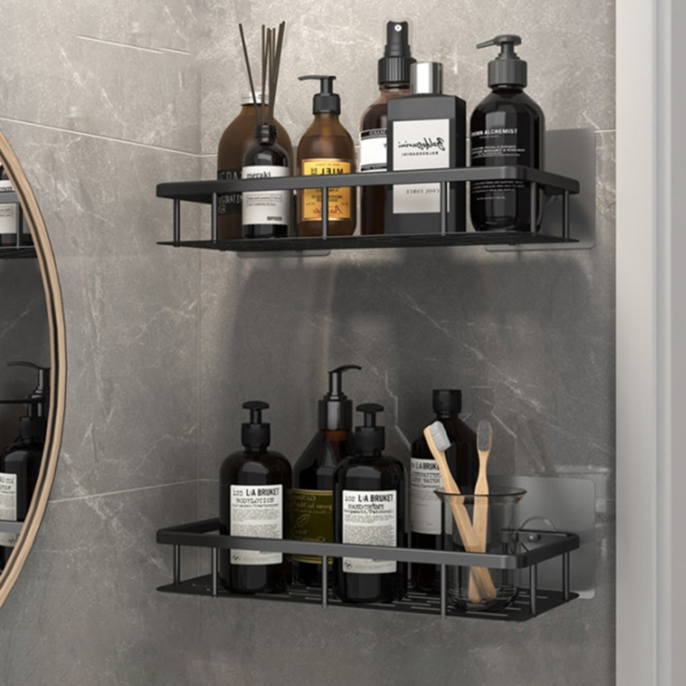 Black rectangular space aluminum wall shelf for bathroom and kitchen storage, dual-use hanging design