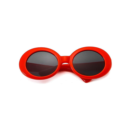 Red cat-model pet sunglasses with heart-shaped eyeglass frames viewed from the front