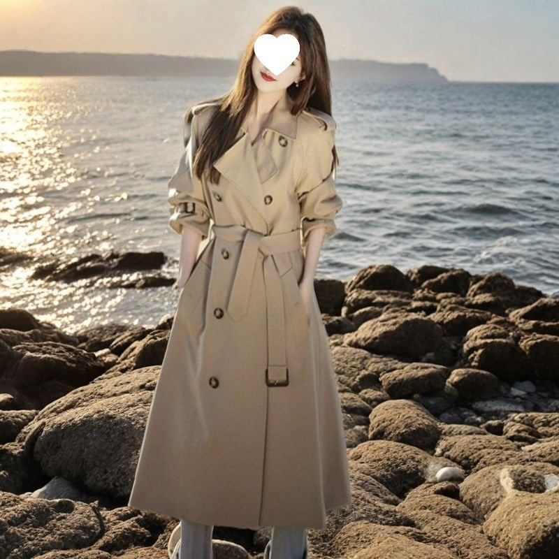 Korean-style mid-length trench coat for petite women, tailored jacket in neutral tone