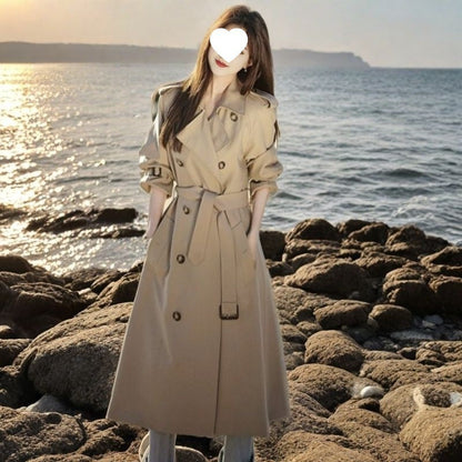 Korean-style mid-length trench coat for petite women, tailored jacket in neutral tone