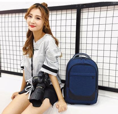 Custom waterproof camera laptop backpack, black exterior with padded compartments and adjustable shoulder straps