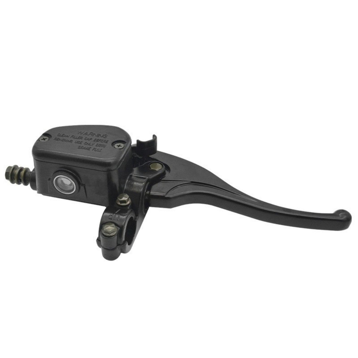 My Store motorcycle brake pump, front view with hand lever and fluid reservoir