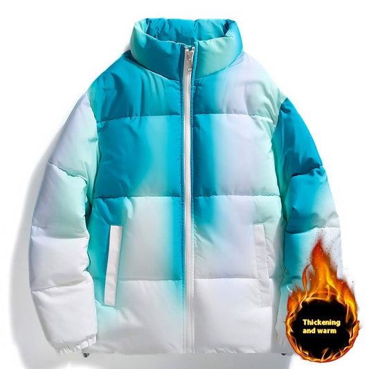 Stand-up collar gradient winter coat with plush lining and pockets, loose fit for women and men