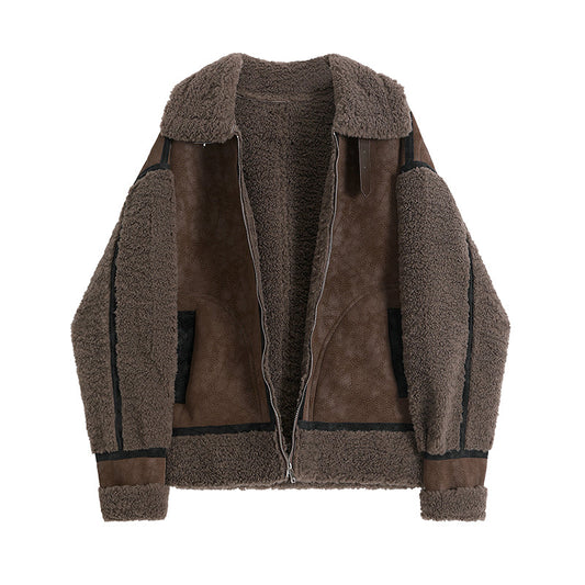 Women's fashion fur integrated short coat in close-up view