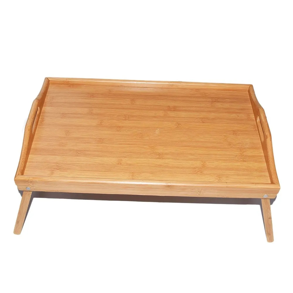 Bamboo folding breakfast tray with feet, featuring a natural finish and spacious surface for serving food and drinks.