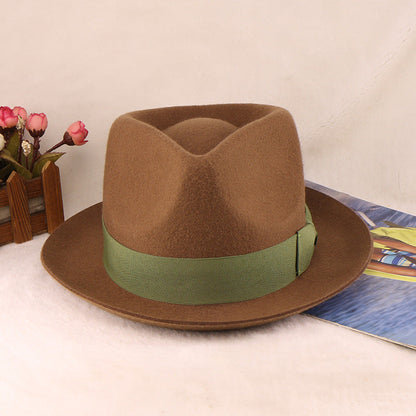 Retro British wool top hat with contrast-color felt band and structured brim