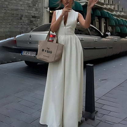 Women's solid-color casual loose wide-leg jumpsuit pants in European and American style