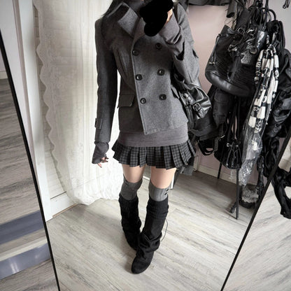 Women's short wool coat with notched lapel and double-breasted front jacket, My Store