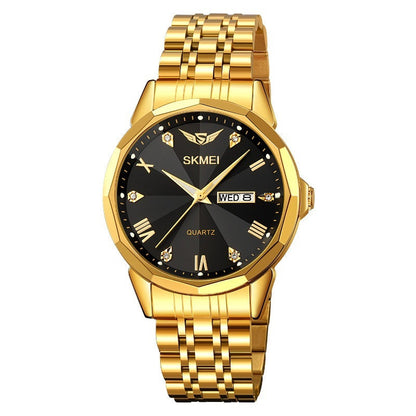 Business solid steel band calendar casual waterproof watch with a sleek round dial and stainless steel bracelet