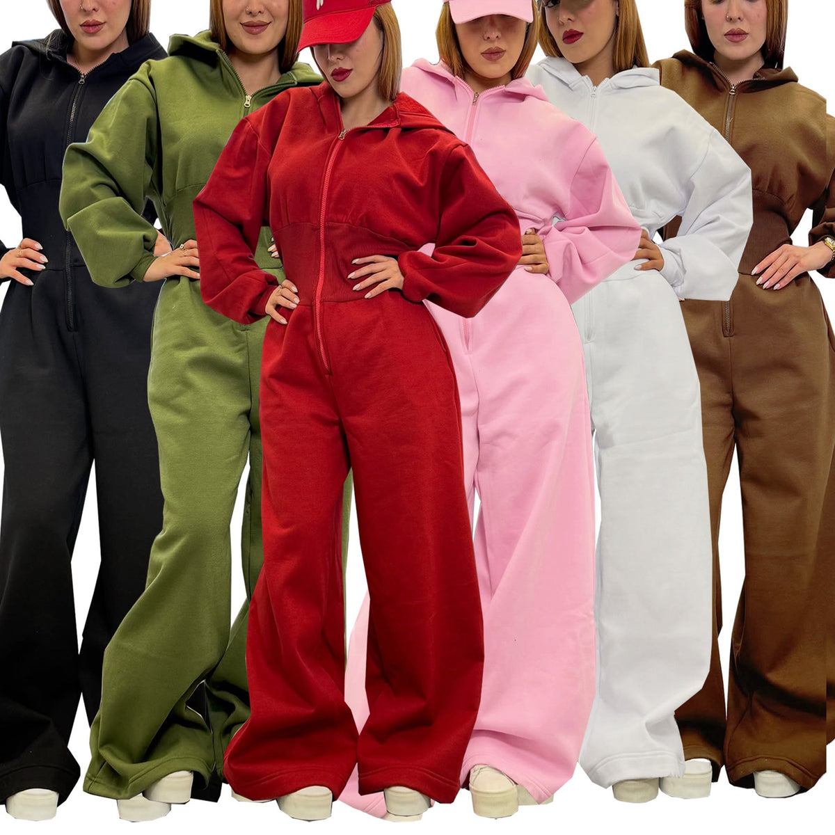 Hooded zip-up stretch-waist jumpsuit in a full-body view