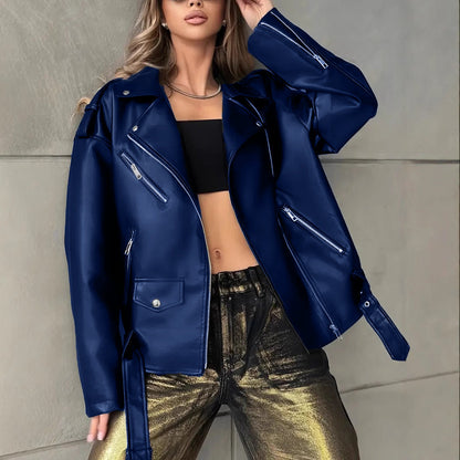 Women's leather biker jacket in relaxed boyfriend style, featuring an asymmetrical zip and classic lapels