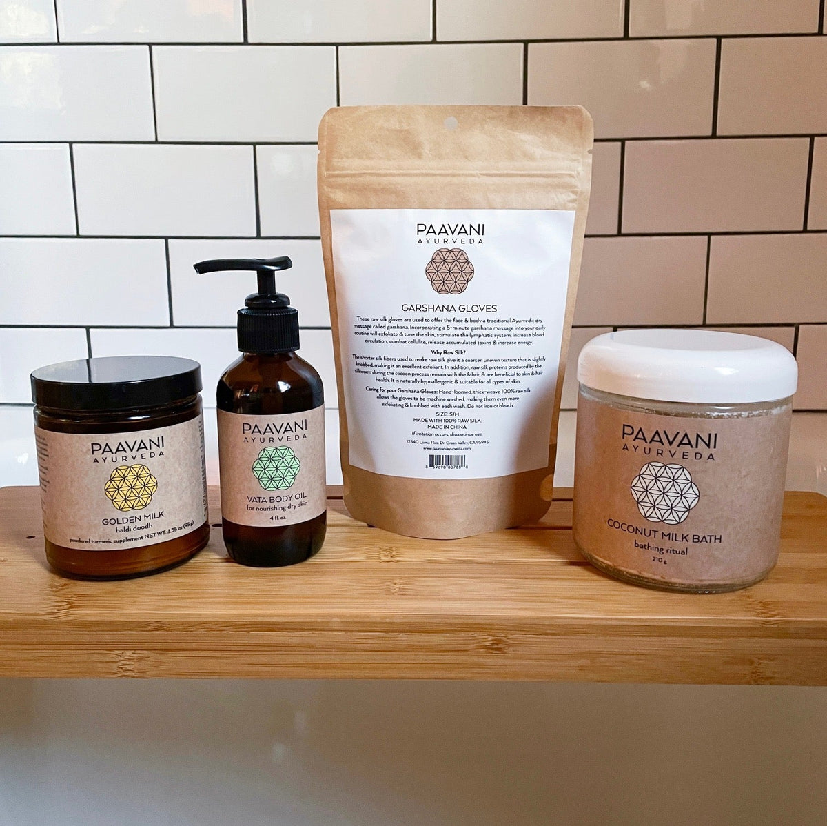 Simple bath stack for Ayurvedic self-care ritual by Paavani Ayurveda, includes natural ingredients for body, mind, and skin wellness.