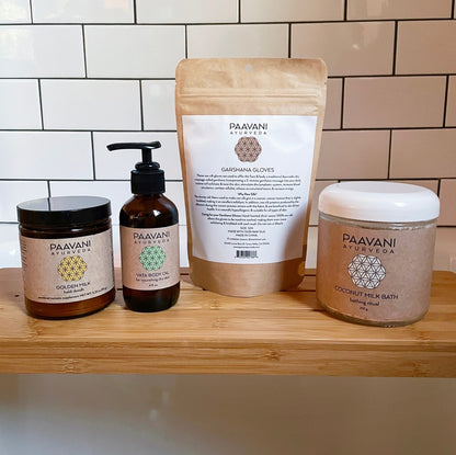 Simple bath stack for Ayurvedic self-care ritual by Paavani Ayurveda, includes natural ingredients for body, mind, and skin wellness.