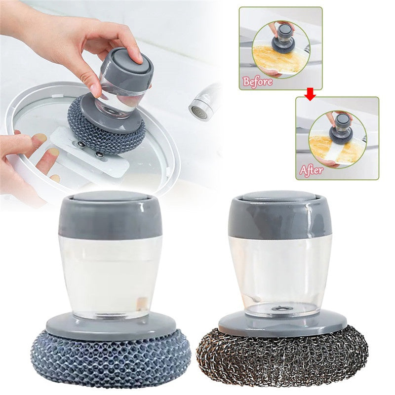 Kitchen soap dispensing palm brush cleaner, push-type brush for detergent and dishwashing tasks