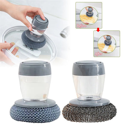 Kitchen soap dispensing palm brush cleaner, push-type brush for detergent and dishwashing tasks