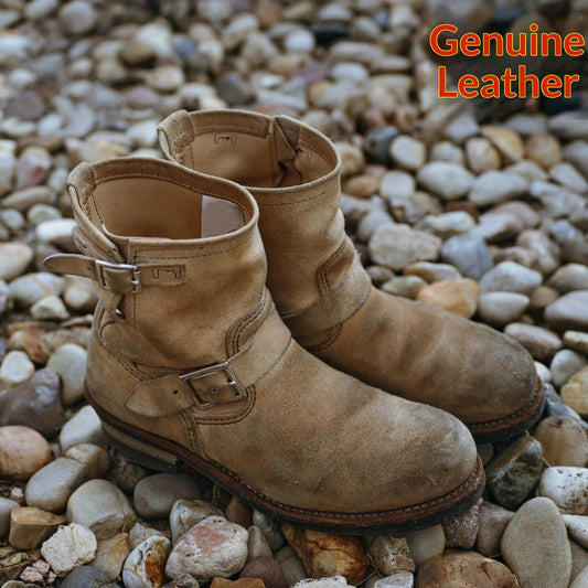 Retro distressed leather-buckle short-shaft engineer boots in brown leather with side buckle detail