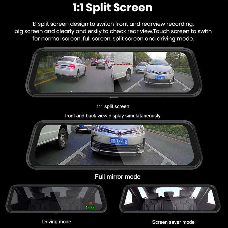 Front and rear dual recording rear view mirror dash cam mounted inside a vehicle windshield