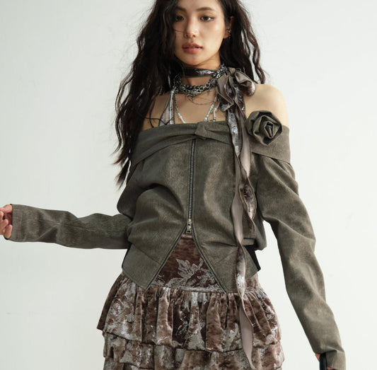 Coffee-colored three-dimensional floral accented off-shoulder short jacket by My Store