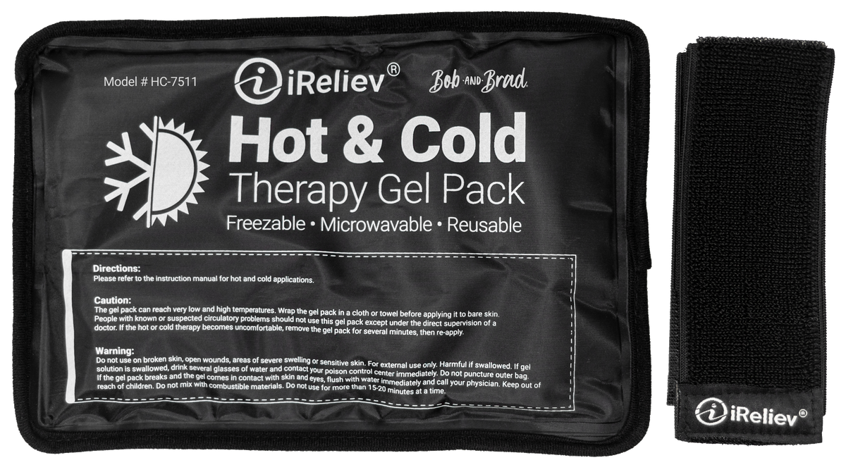 iReliev premium reusable hot and cold therapy gel pack with securement straps for targeted pain relief and temperature therapy.