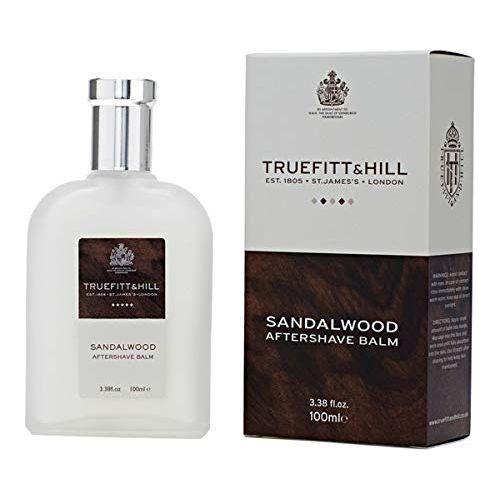 Truefitt & Hill Sandalwood aftershave balm in 3.38 oz jar, featuring a smooth, moisturizing balm with sandalwood scent.