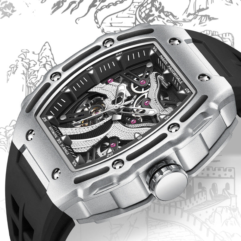 Openwork carved luminous automatic mechanical watch with visible skeleton dial and detailed metal case