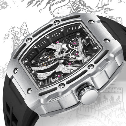 Openwork carved luminous automatic mechanical watch with visible skeleton dial and detailed metal case