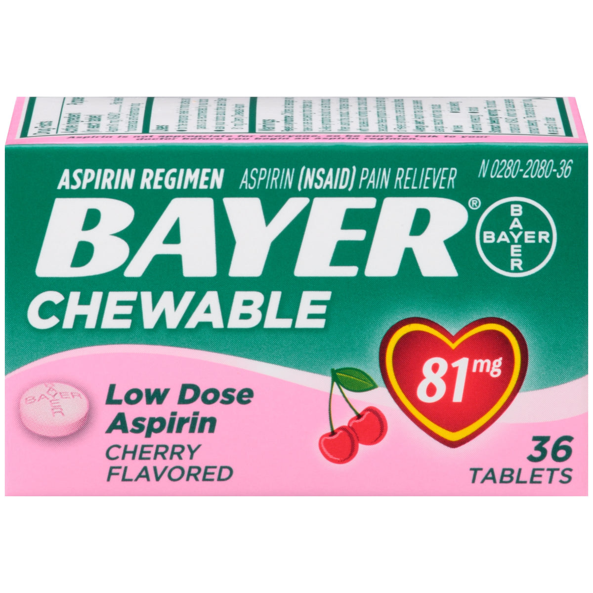 Bayer Kids' Chewable Cherry Aspirin bottle showing 36 chewable tablets with cherry flavor, designed for children’s pain relief.