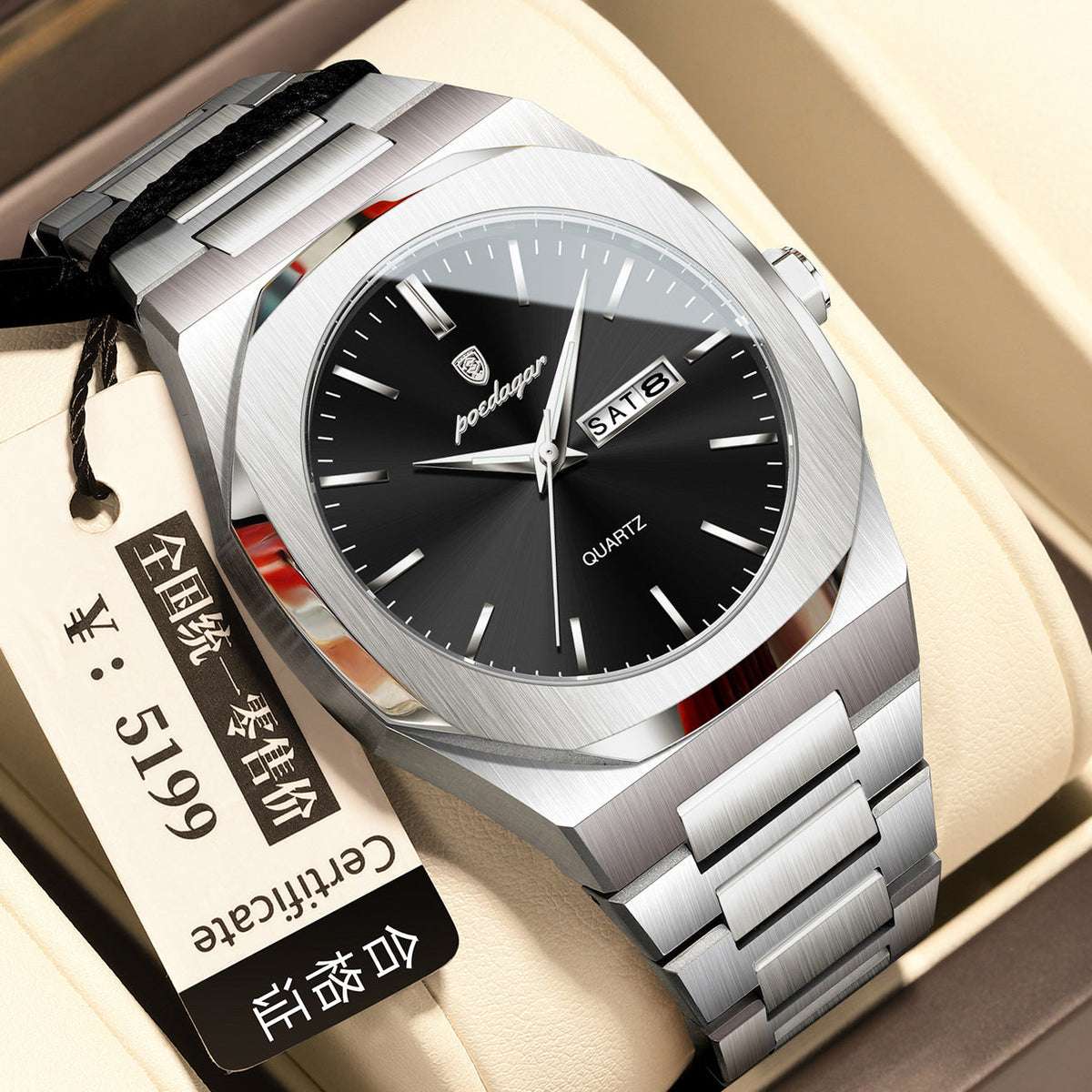 Men's waterproof luminous quartz watch with a sleek dial and visible glow-in-the-dark hands