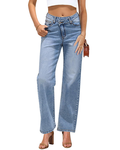 BackupMyFilesNow® high rise crossover waist jeans for women in lapis blue, featuring a stylish fit and denim fabric.
