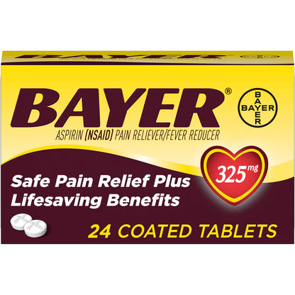 Bayer Aspirin 325mg pain relief tablets in a 24-count bottle, featuring the BACKUPMYFILESNOW® brand label and packaging.